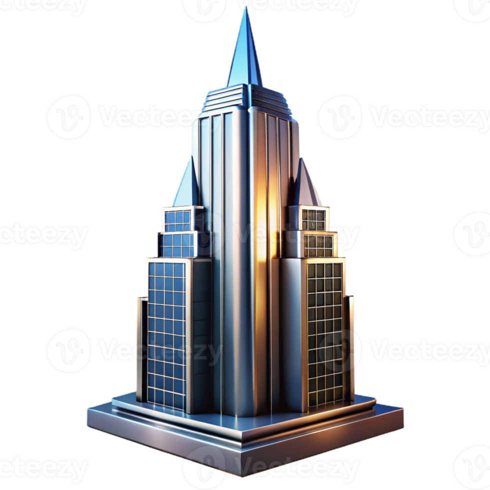 elegant modern Art Deco skyscraper, chrome and glass, sharp edges, volumetric lighting, high contrast, cinematic angle, exclusive png