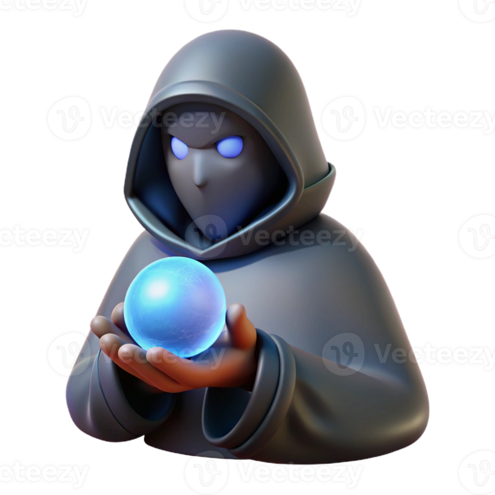 vibrant contemporary A mysterious hooded figure, holding a glowing orb detailed png