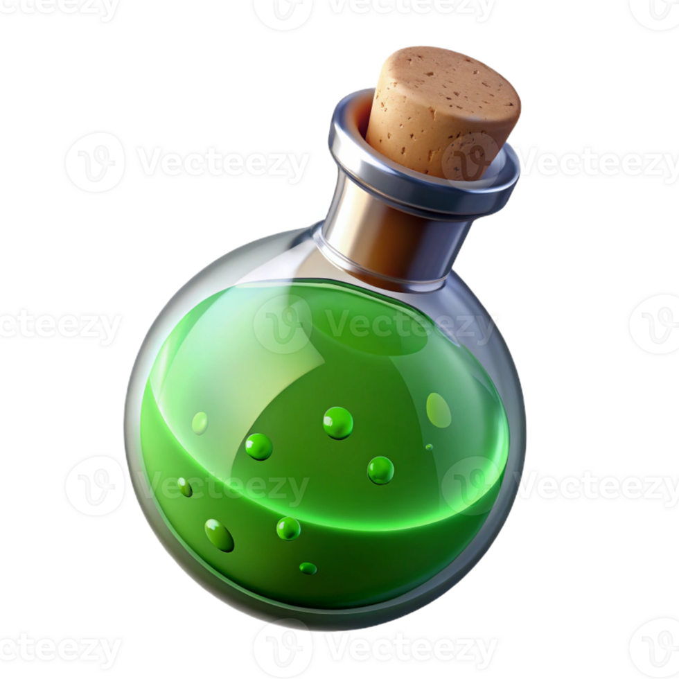 stunning classic A single potion bottle, bubbling green liquid, cork stopper original png
