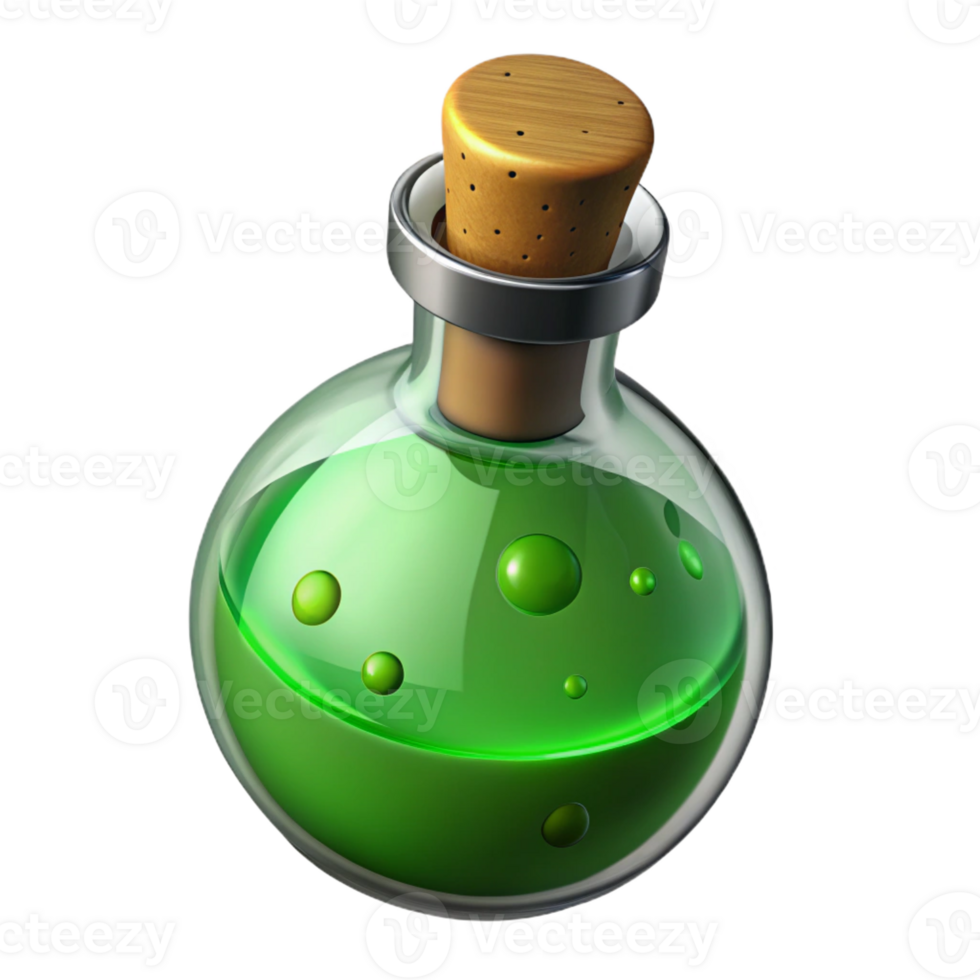 magnificent classic A single potion bottle, bubbling green liquid, cork stopper detailed png