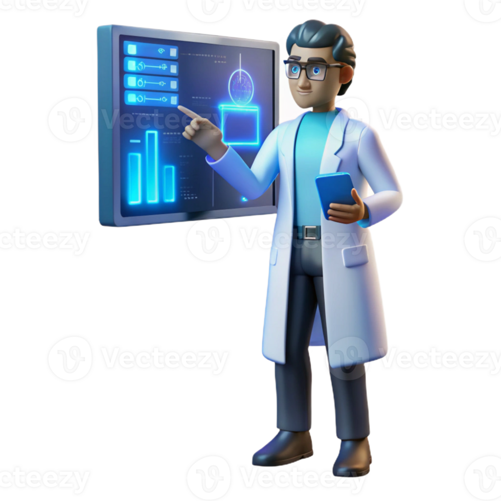 dramatic rustic A scientist wearing a futuristic lab coat analyzing data on a holographic display, illuminated by cool blue light, scientific illustration style 4K png