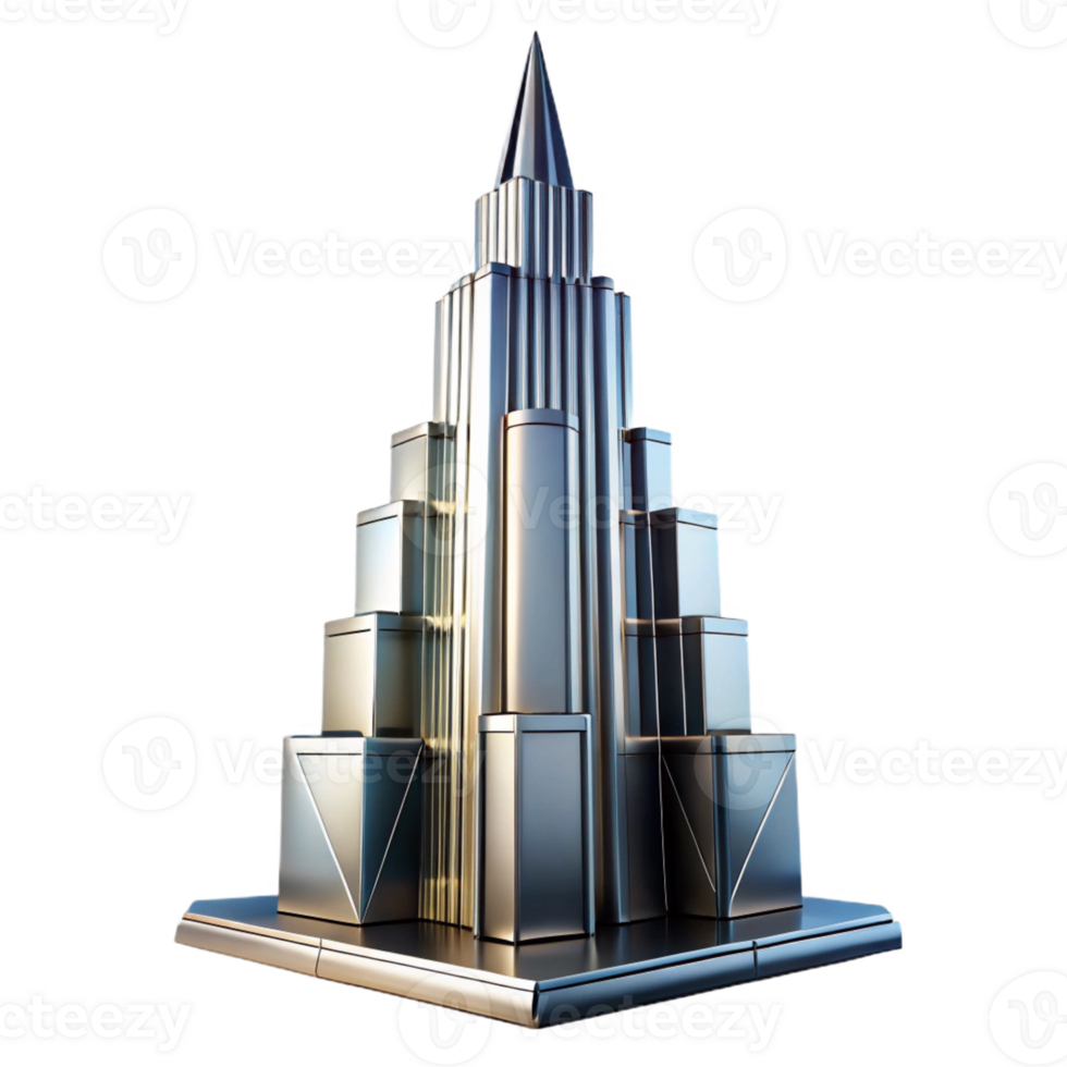 beautiful artistic Art Deco skyscraper, chrome and glass, sharp edges, volumetric lighting, high contrast, cinematic angle, genuine png