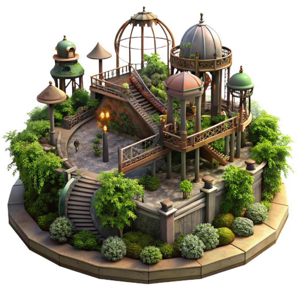 dramatic vintage Abandoned amusement park overgrown with vegetation, eerie lighting, dystopian style authentic png