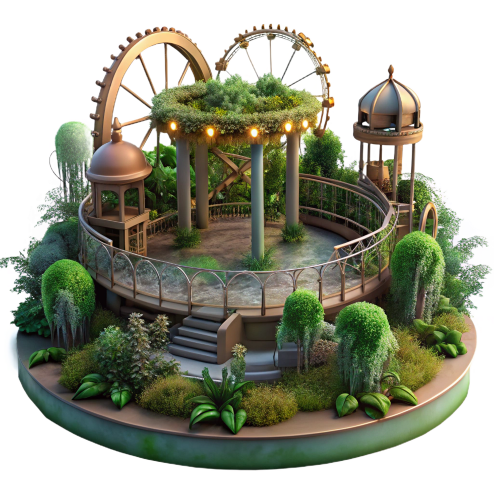 vibrant traditional Abandoned amusement park overgrown with vegetation, eerie lighting, dystopian style professional png