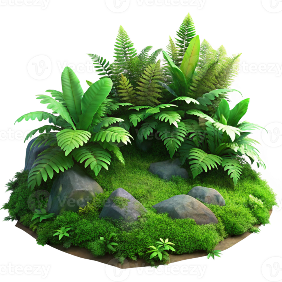 beautiful modern A lush green forest floor covered in moss and ferns, dappled sunlight, realistic render style original png