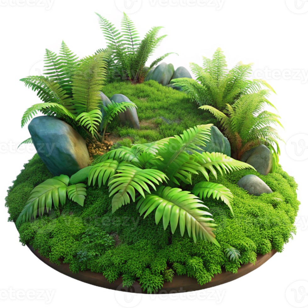extraordinary artistic A lush green forest floor covered in moss and ferns, dappled sunlight, realistic render style authentic png