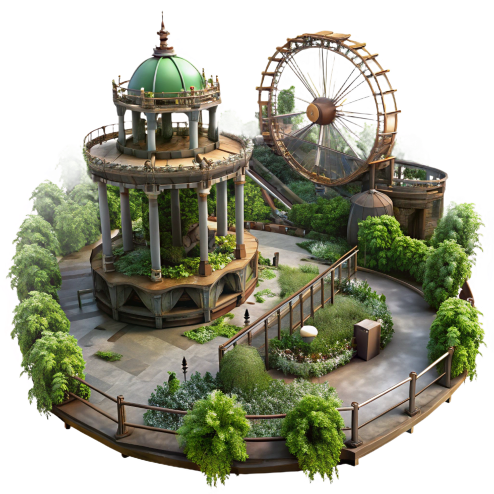 serene creative Abandoned amusement park overgrown with vegetation, eerie lighting, dystopian style high quality png