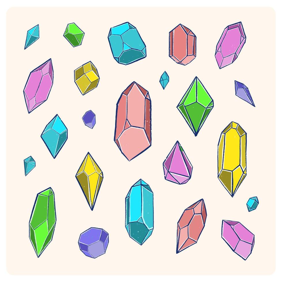 Crystal set. Magic quartz different forms and colors. Occult mystical gemstones. Gem jewellery, colorful luxury diamond. vector