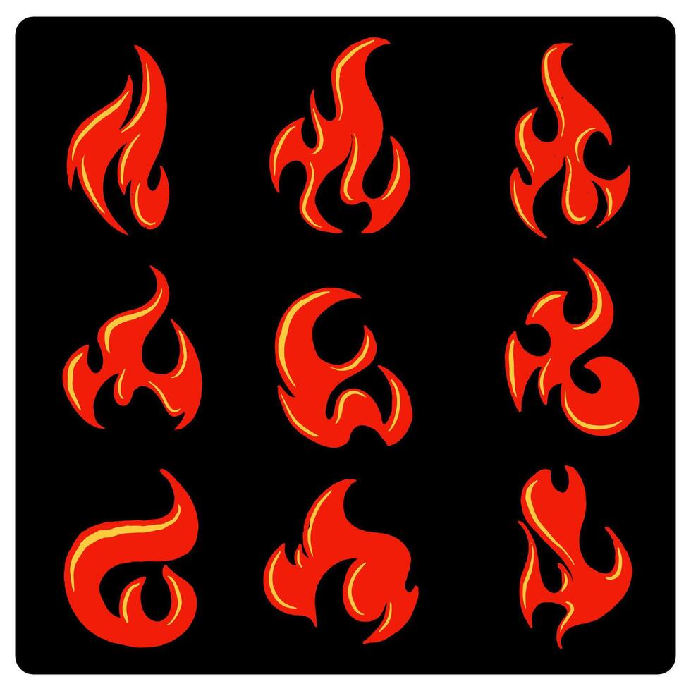 Fire flames icon set. Fire flames. Flame symbols. Set of yellow and orange fire flame. Collection of hot flaming element With charcoal or pencil drawn illustration vector