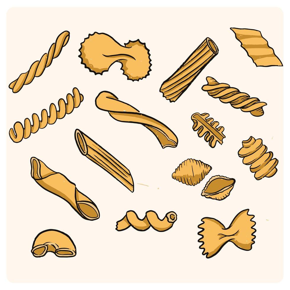 Hand-drawn illustration set of various pasta and macaroni with doodle style drawing vector