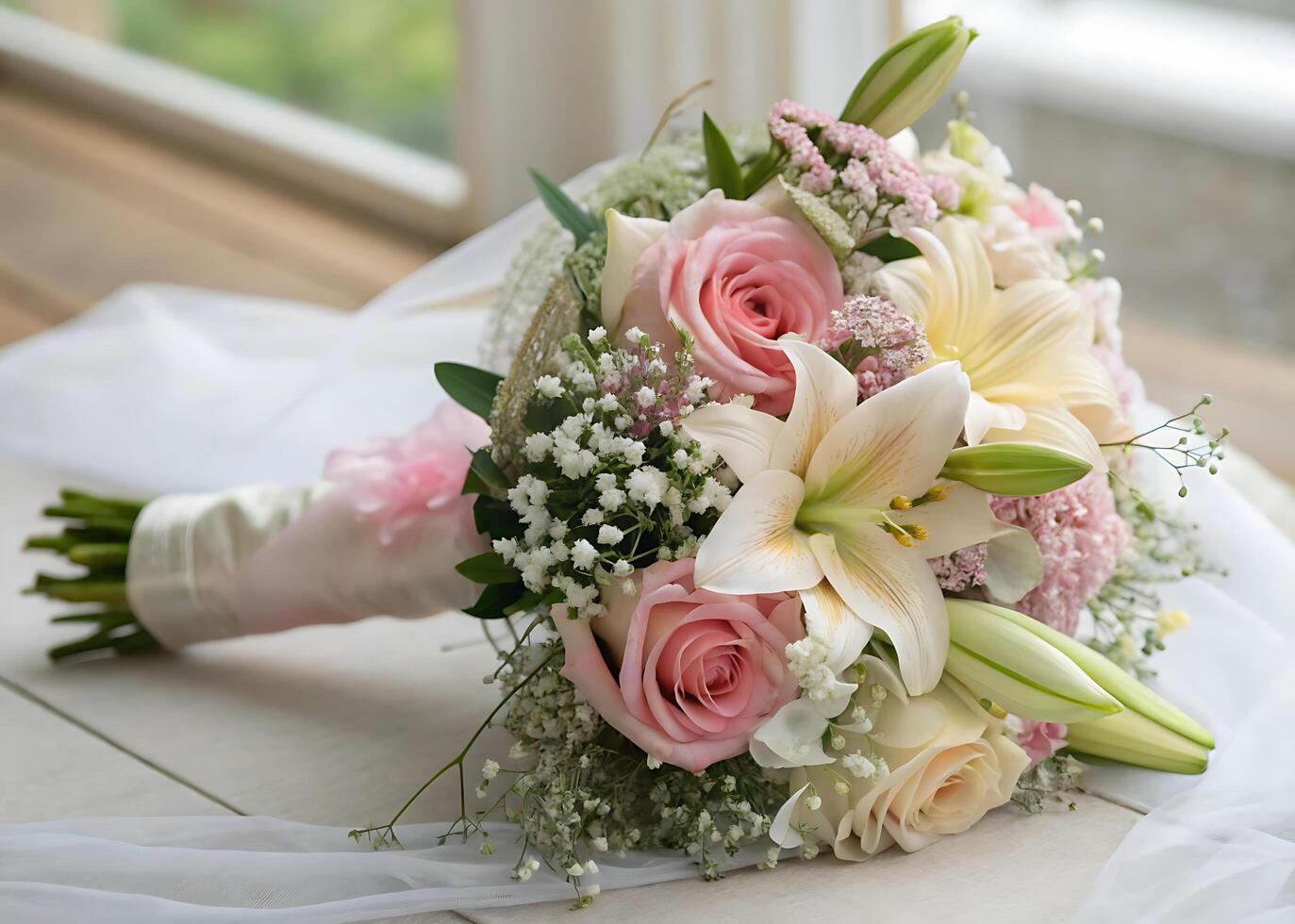 An exquisite bouquet of light flowers that conveys purity, romance, and a wedding atmosphere. photo