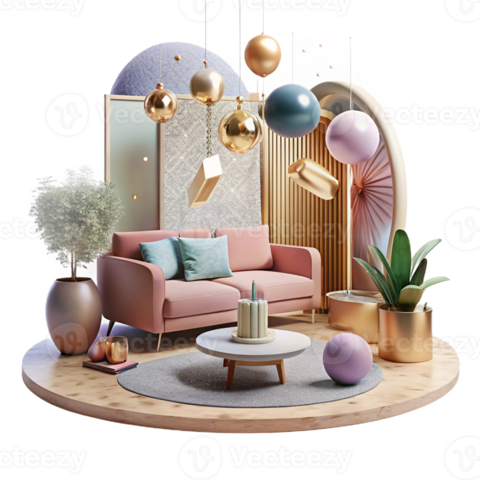 extraordinary vintage Interior Design Modern Living Room Scene Isolated authentic png