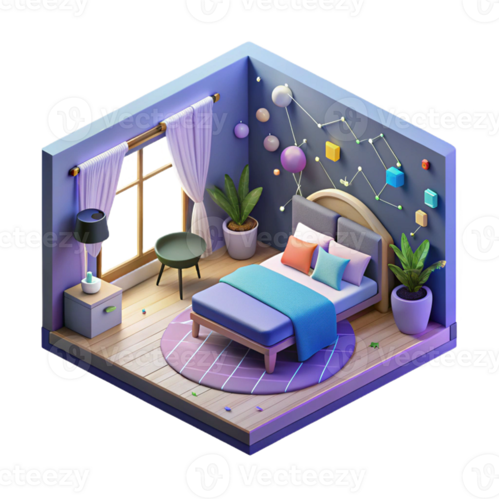 beautiful artistic Isometric Vr Bedroom Interior Cutout for Virtual Home Decor premium png
