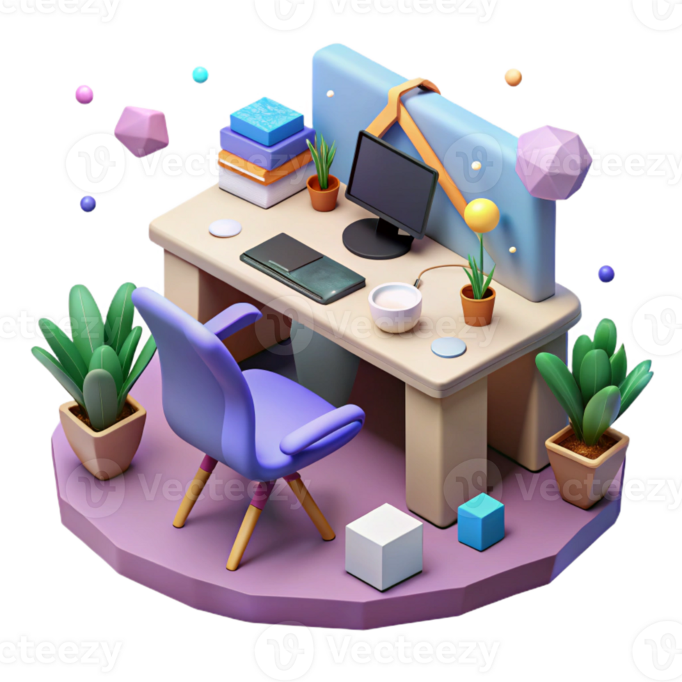 beautiful rustic Isometric Vr Office Desk Setup Cutout for Virtual Workspace premium png