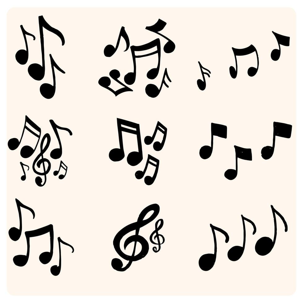 Music note hand drawn sketch silhouette, cute doodle melody. Line music seamless border elements. vector