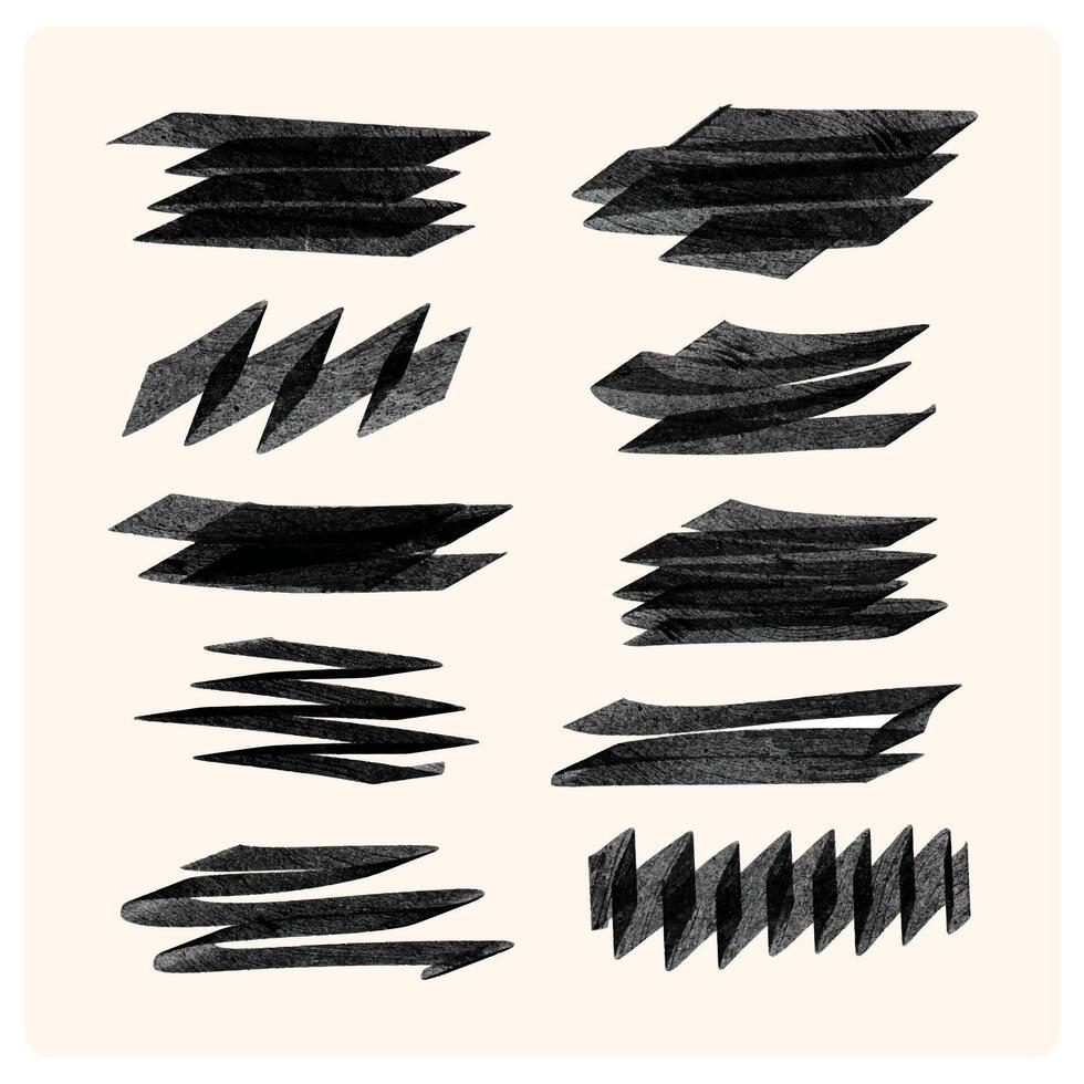 Black highlighter bold horizontal lines set. Brush drawn stripes with dry brush texture. vector