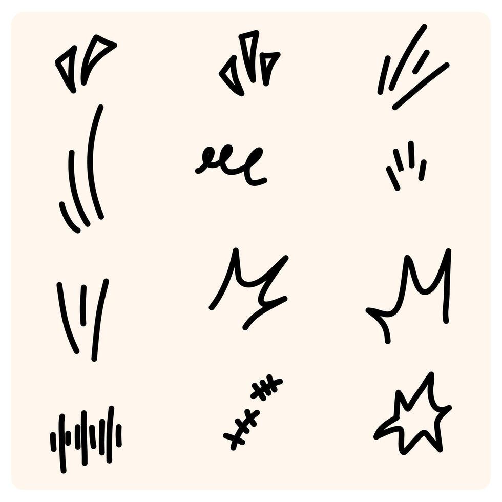 Doodle hand drawn cute cartoon expression sign. Line curve arrows, emoticon elements, symbols vector