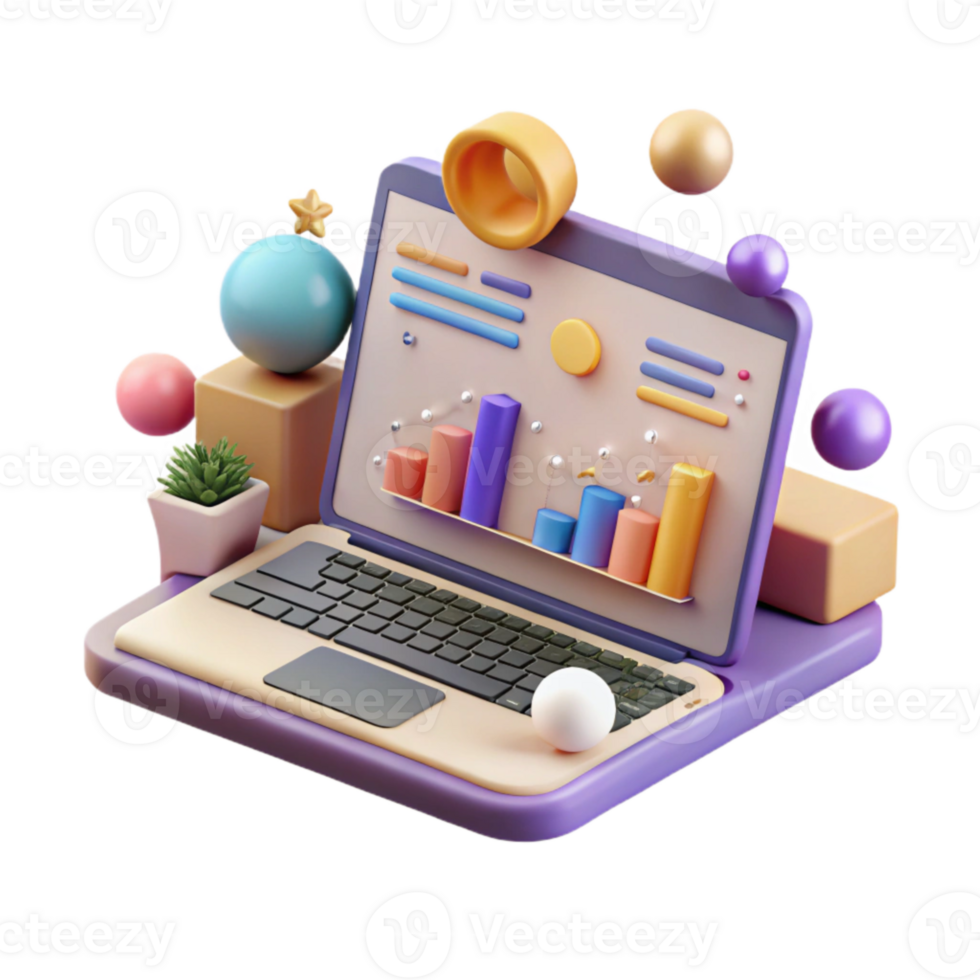 stunning contemporary Laptop with Marketing Dashboard Isolated for Business Analytics detailed png