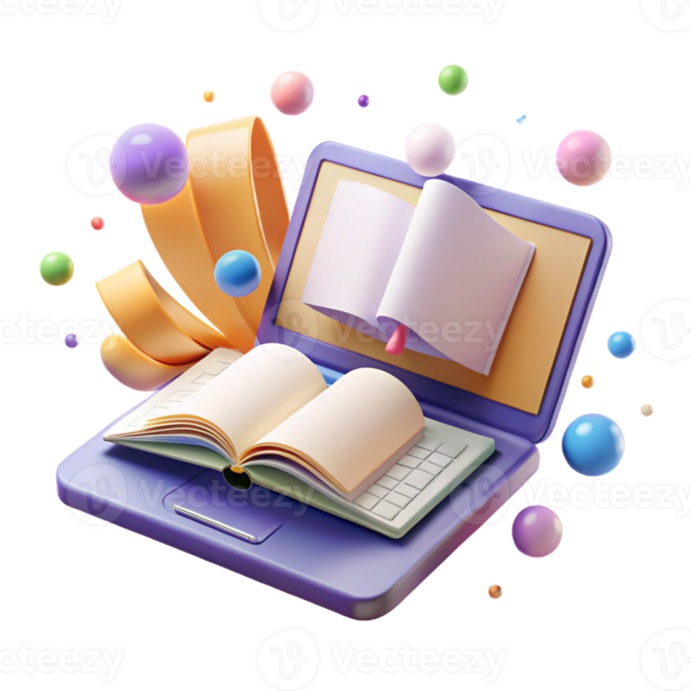 wonderful modern Laptop with Open Book Isolated for Online Learning Graphics high quality png