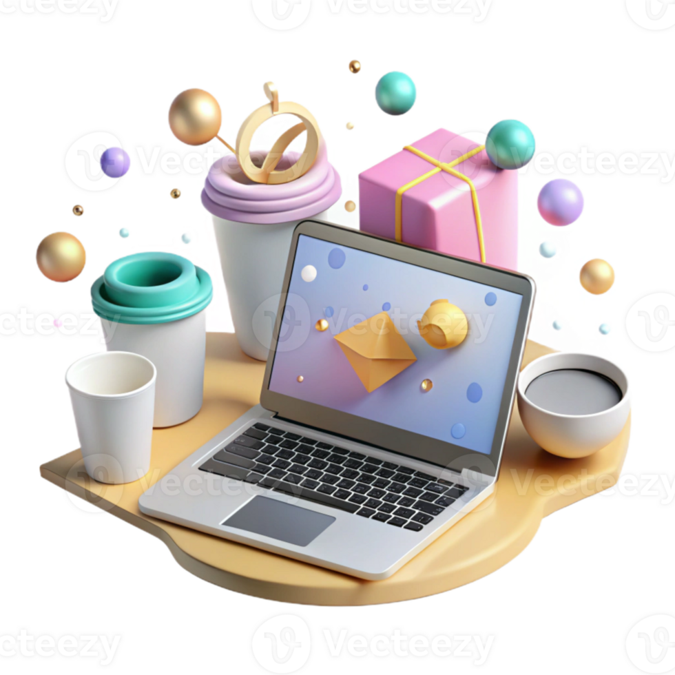 magnificent artistic Laptop Open with Coffee Cup Workspace Cutout for Lifestyle Projects png