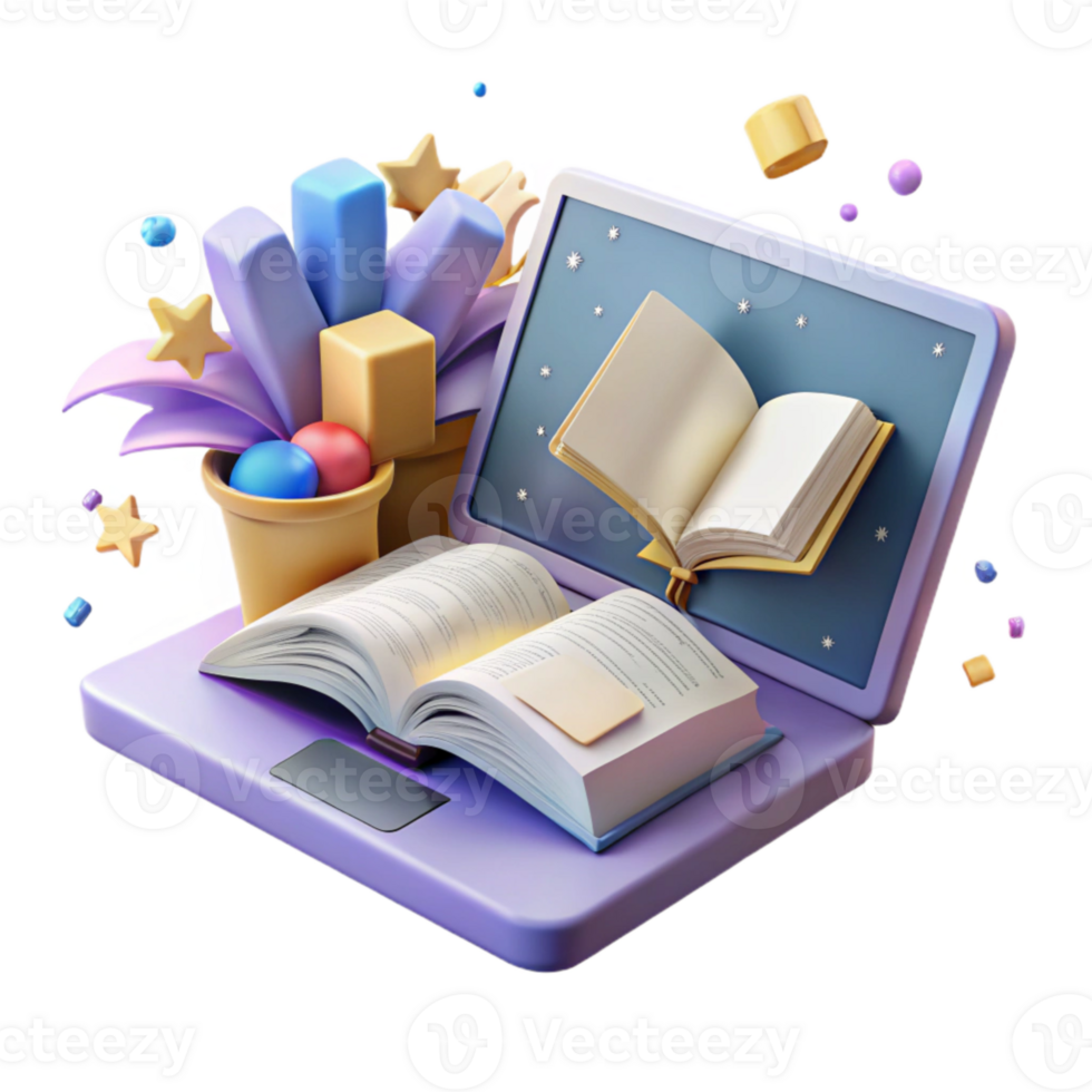 magnificent classic Laptop with Open Book Isolated for Online Learning Graphics high quality png