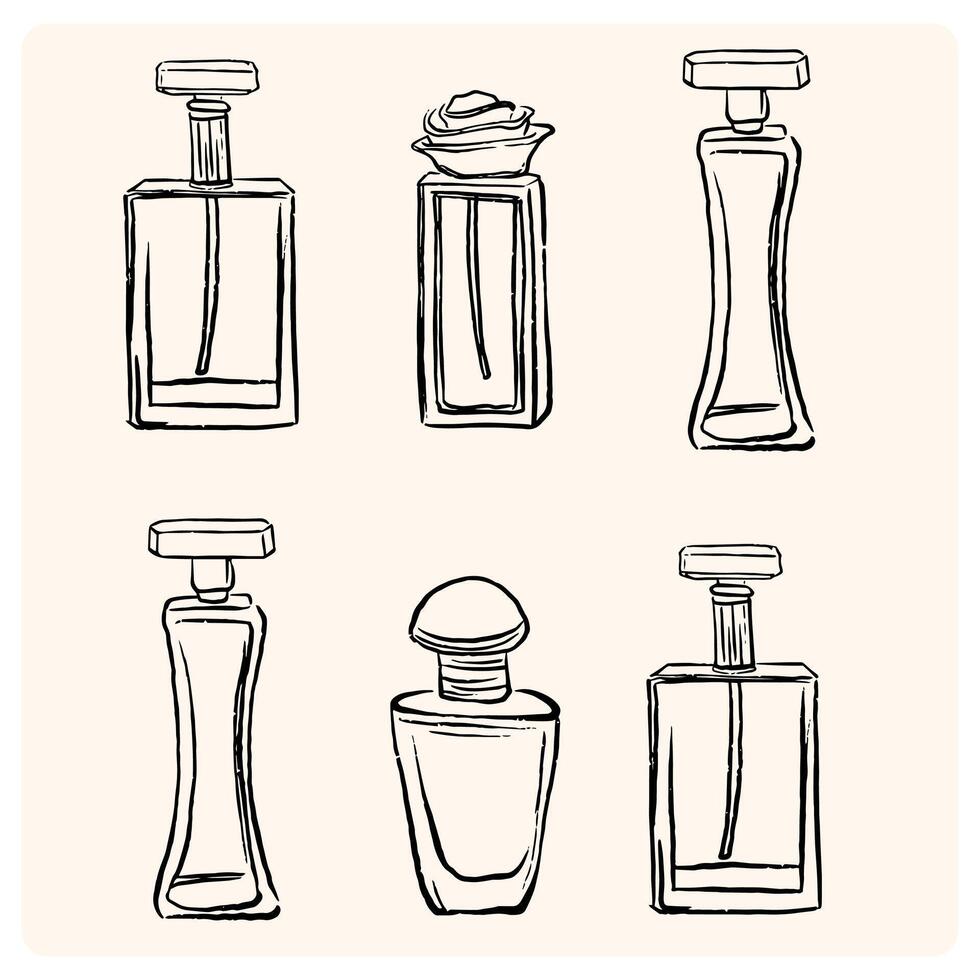 Hand drawn perfume bottles line icons set. Glass flasks with perfume, eau de toilette, fragrance in doodle style. vector