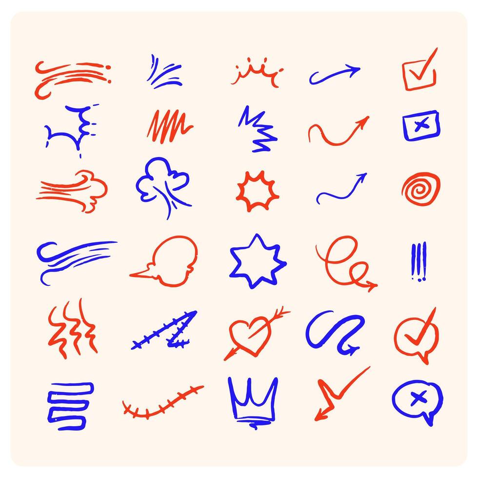 A collection of colorful hand drawn charcoal doodles. Pencil drawings arranged in squiggly shapes and forms. vector