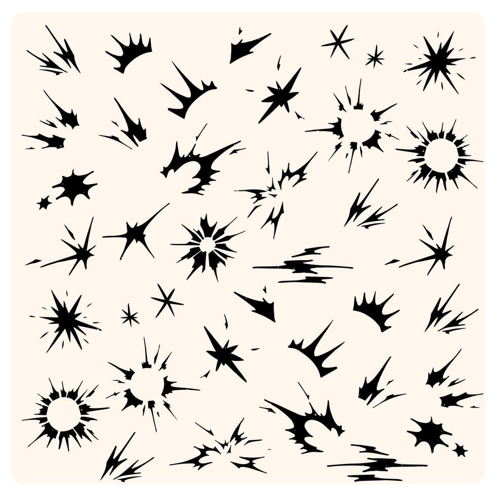 Comic explosion set. Bomb explosion, meteorite fall, smoke cloud and fire flash. Atomic boom or dynamite detonation, black elements doodle style vector