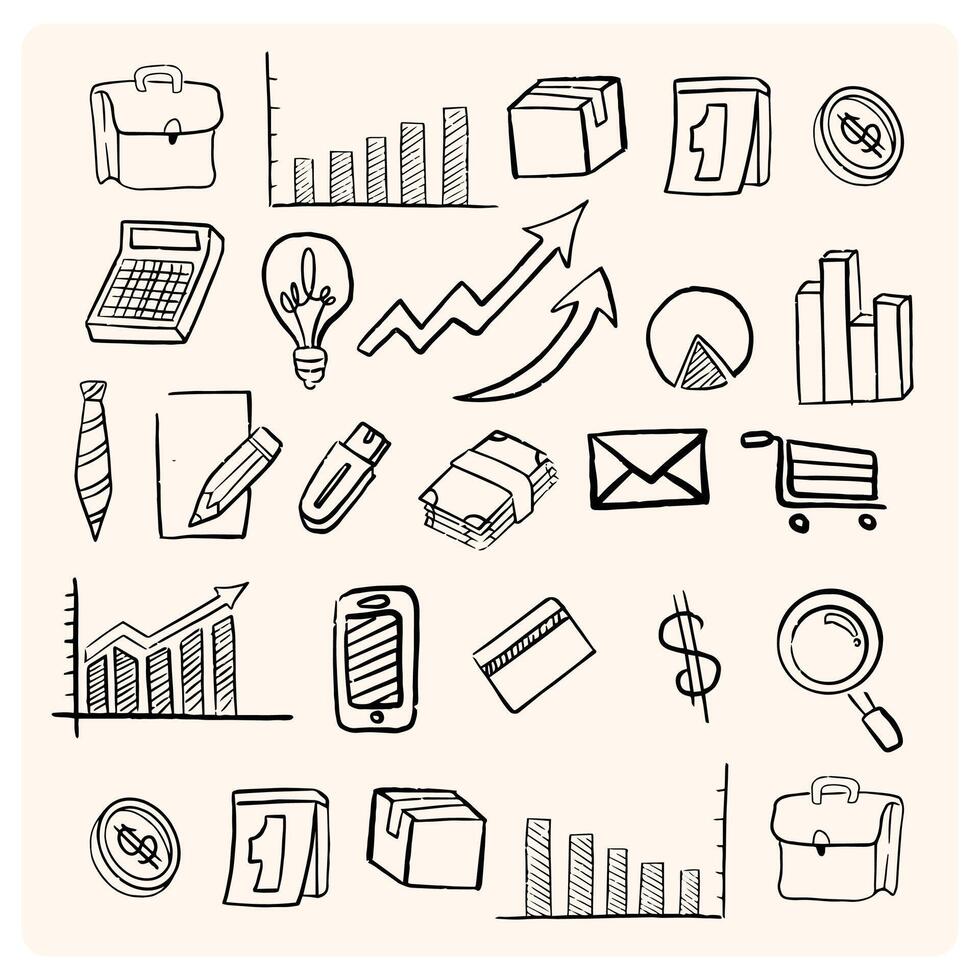 Business doodles hand drawn icons. Management infographic concept with financial business career development elements. vector
