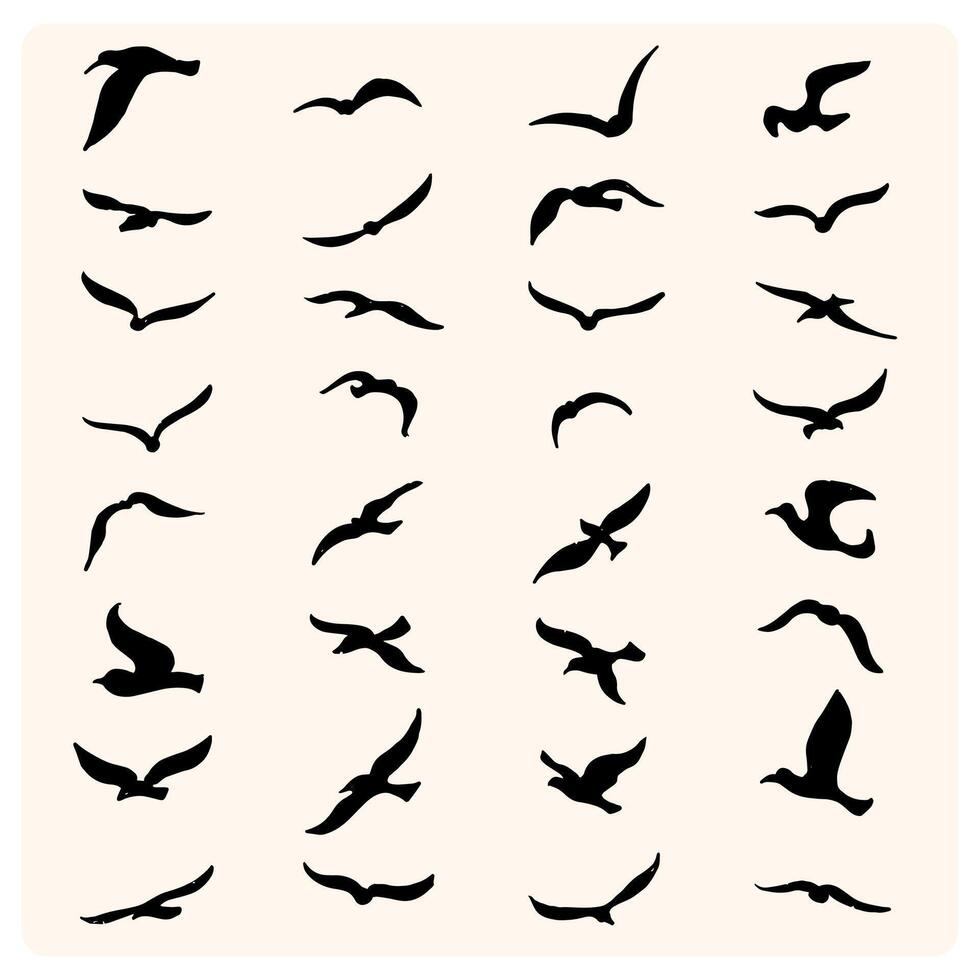 A set of silhouettes features a flock of flying birds on a cream background, perfect for tattoo designs or nature-themed art. vector