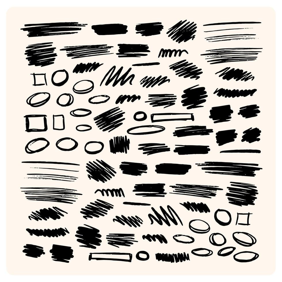Hand drawn pencil lines and squiggles set. charcoal smears, striketrhoughs and swirls. Doodle style sketchy lines vector