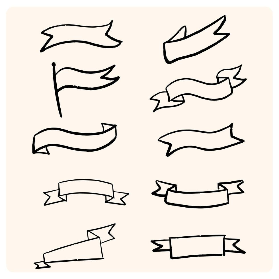 Hand drawn ribbons vintage set. Doodle style black color sketch vector