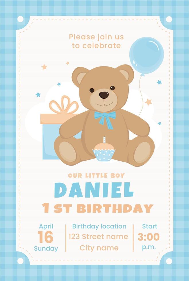 Birthday invitation card for boy. Cute teddy bear with cake, gift box and balloon. Birthday celebration. Card with teddy bear. Template for bithday party invitation. vector