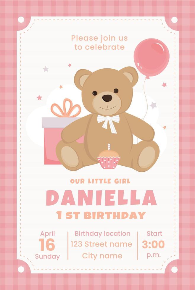 Birthday invitation card for girl. Cute teddy bear with cake, gift box and balloon. Birthday celebration. Card with teddy bear. Template for bithday party invitation. vector