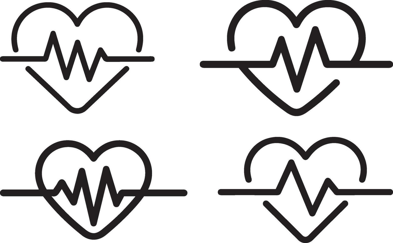 Set of simple black outline outline icons of hearts with heartbeat waveforms. vector