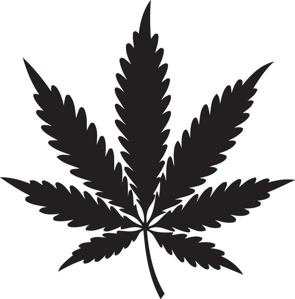 A clean, bold, black silhouette of a cannabis leaf against a white background. vector