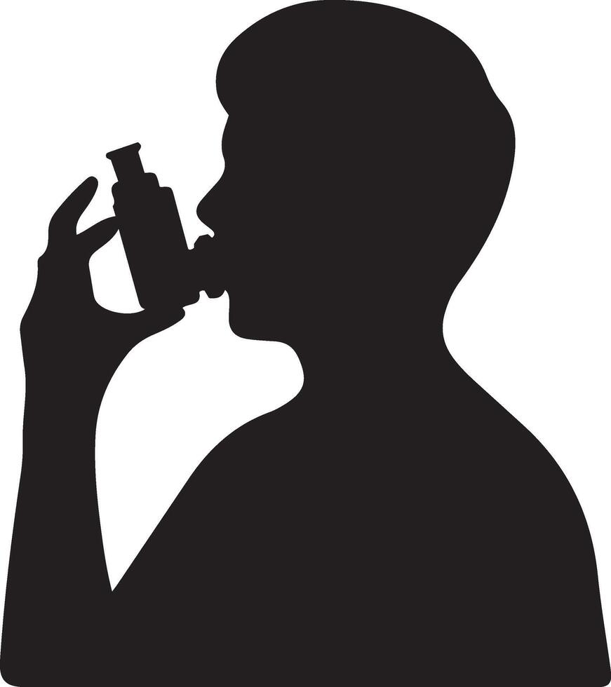 A simple profile view Silhouette of person using inhaler for breathing relief vector