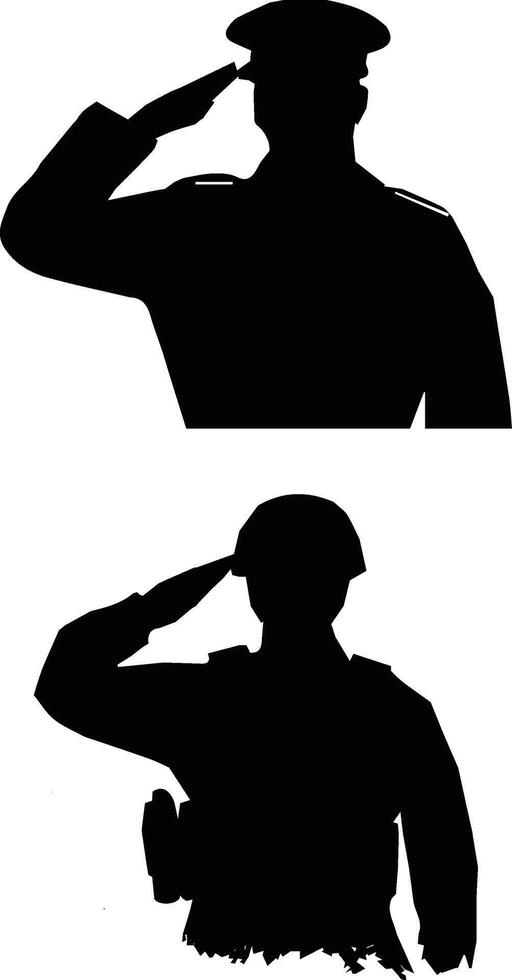 Simple black silhouettes of two usa soldiers saluting, set against a plain white background. vector