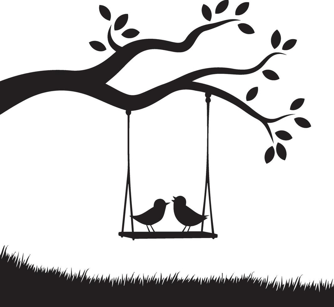 Birds on a swing, a romantic silhouette illustration. vector