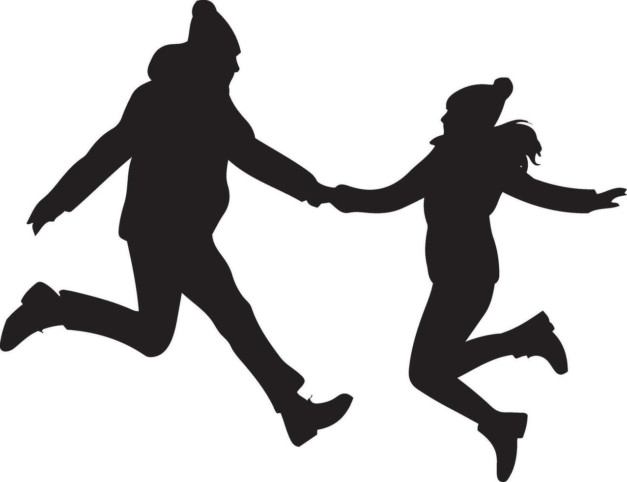 A silhouette of a Happy Couple Jumping in the Air, Holding Hands vector