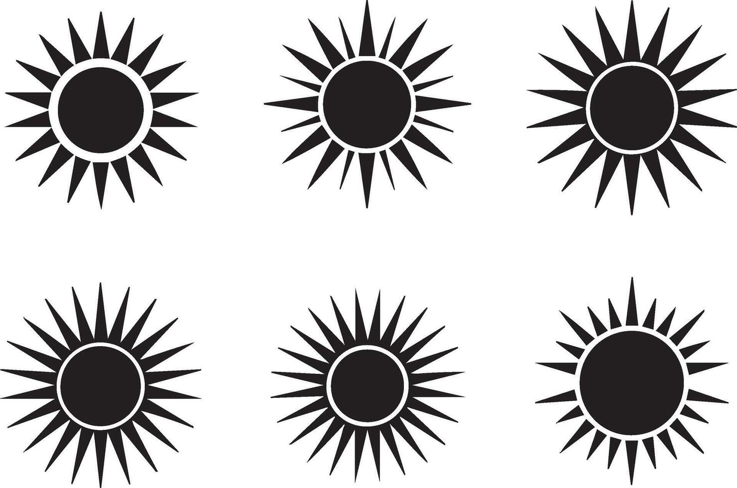 A set of six stylized various shape sun icons in a simple black and white design. vector