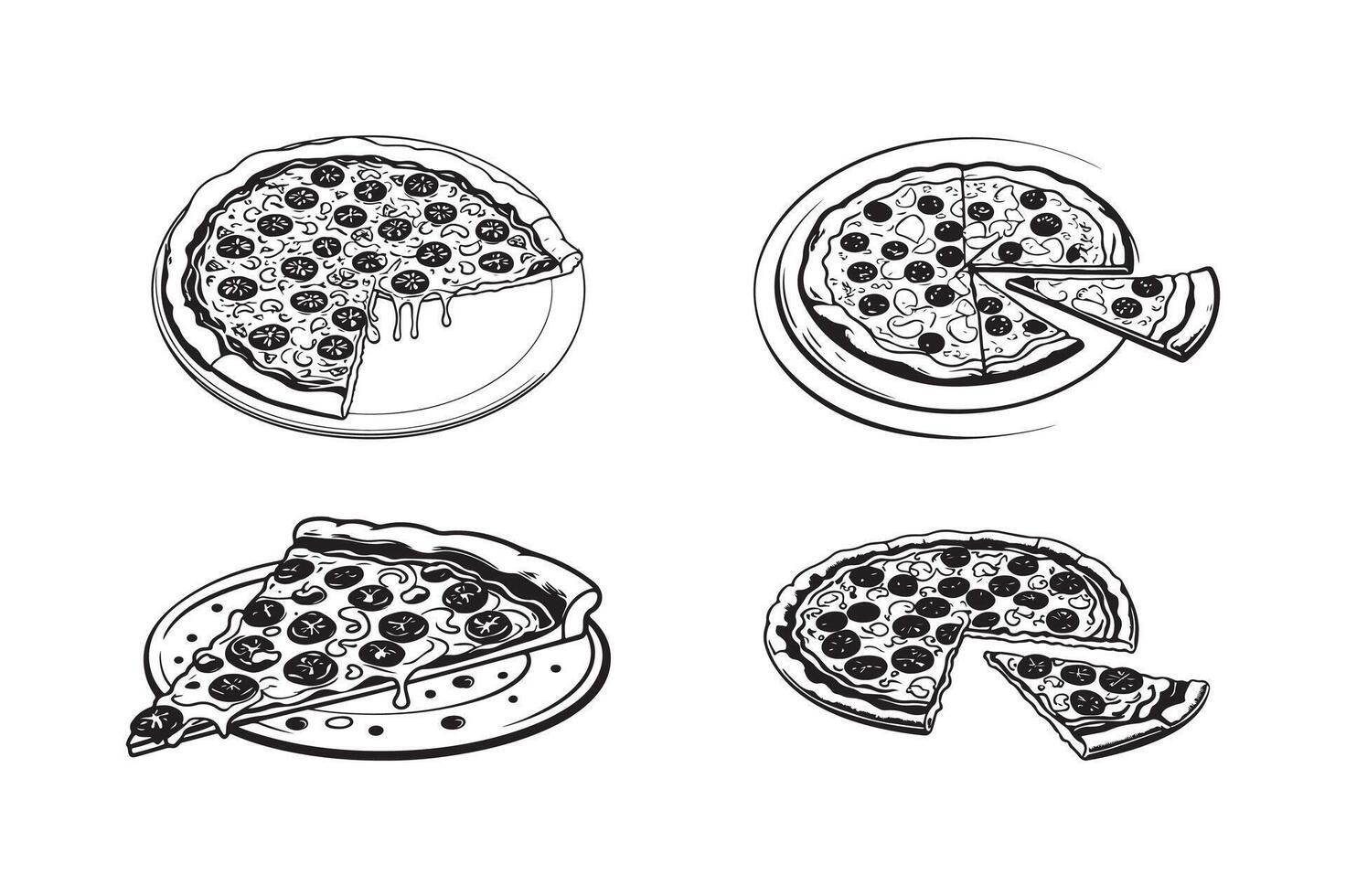Pizza Illustration Black and White Pizza Clipart Hand-Drawn Cheese Slice vector