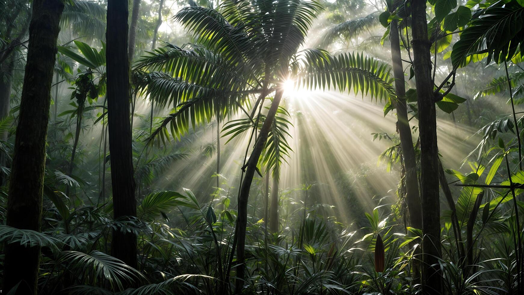 Sunlight filtering through the rainforest creates a magical atmosphere. photo
