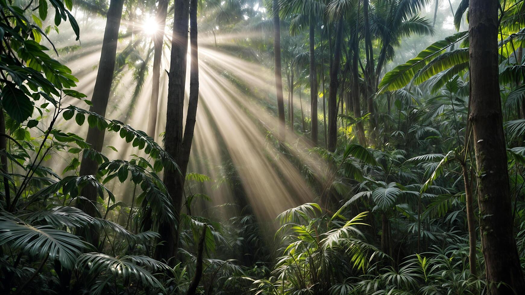 Sunlight filtering through a dense rainforest creates a magical atmosphere. photo