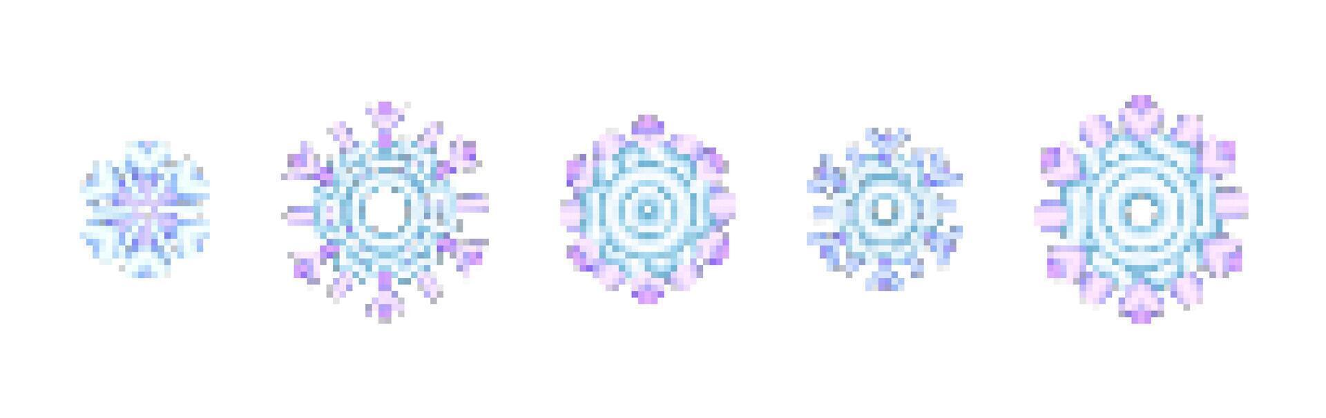 Pixel snowflakes in a row. Winter theme with blue and purple colors. 3d set snowflakes instyle Pixel art on the white background vector