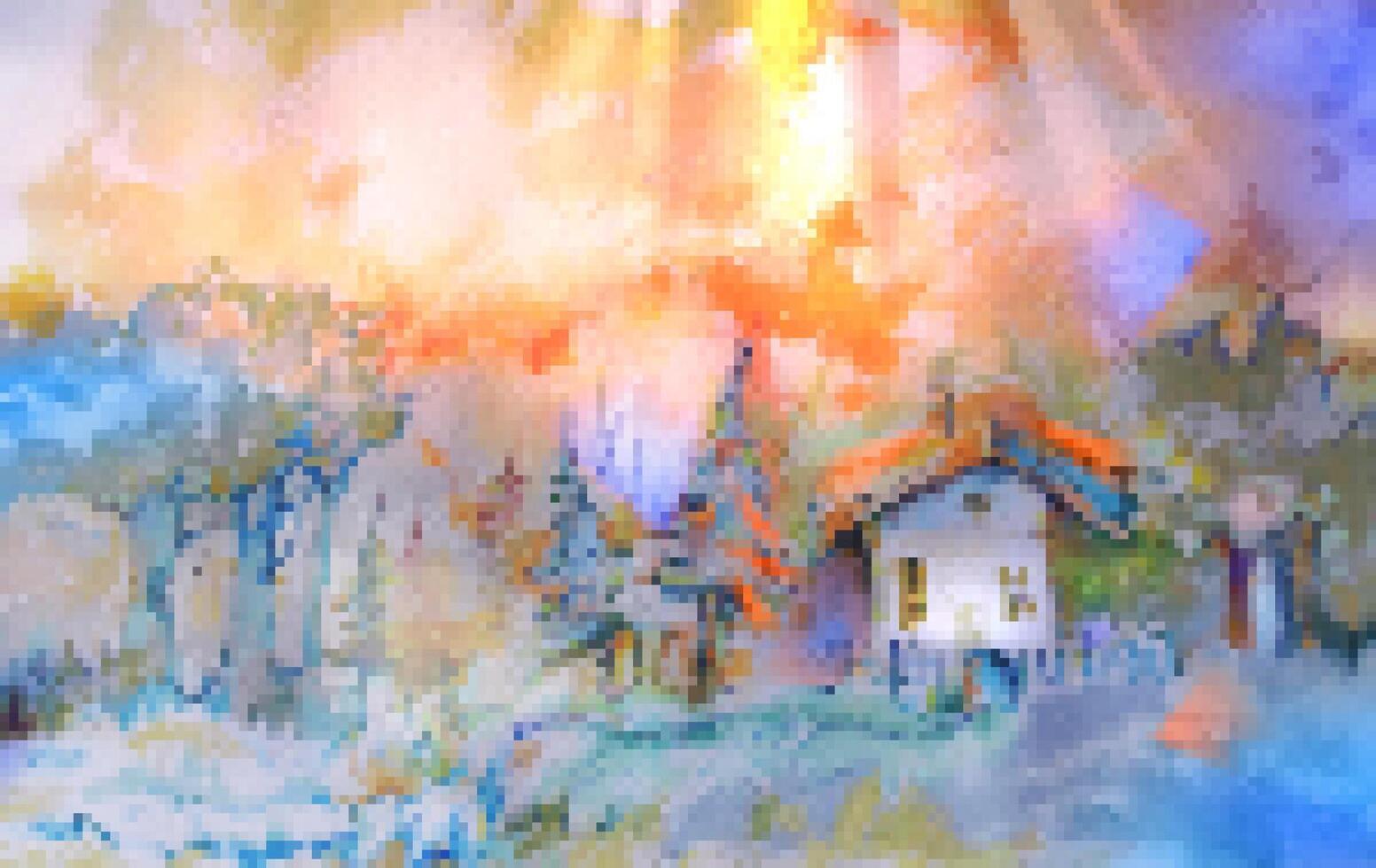 Pixel atmosphere of morning summer landscape. Modern abstract art. Sunset over a Cozy House in the Forest vector