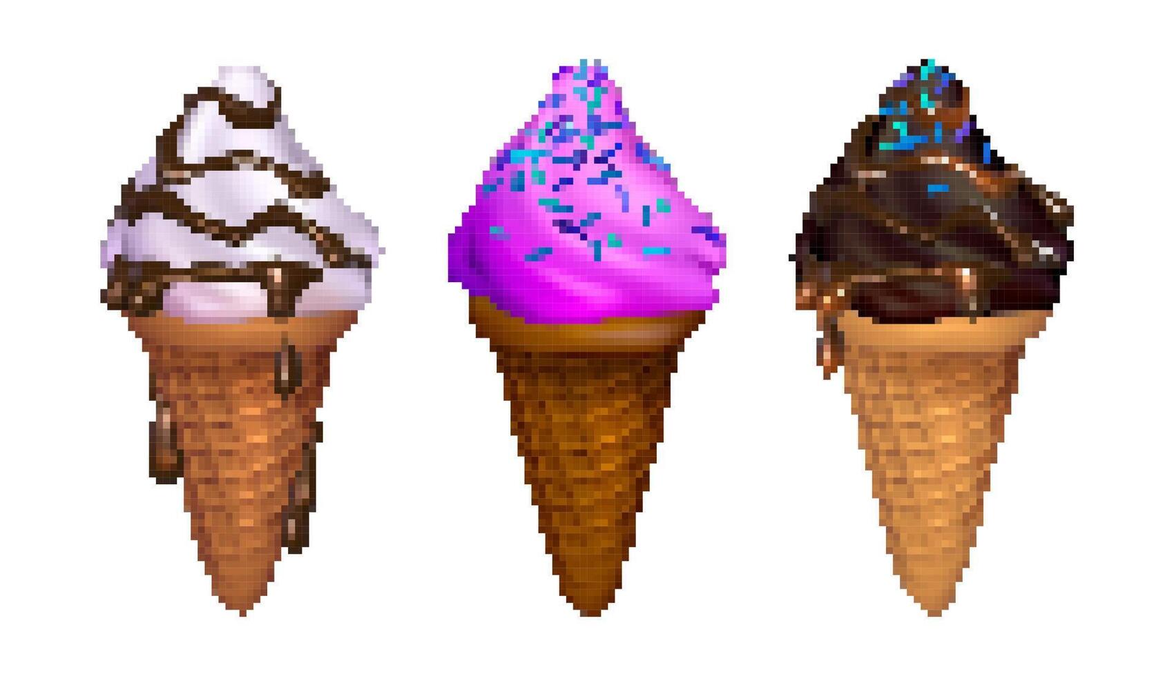 Pixel colorful set of ice cream in waffle cones isolated on white background. Pixelated three ice cream cones with chocolate sauce and sprinkles vector
