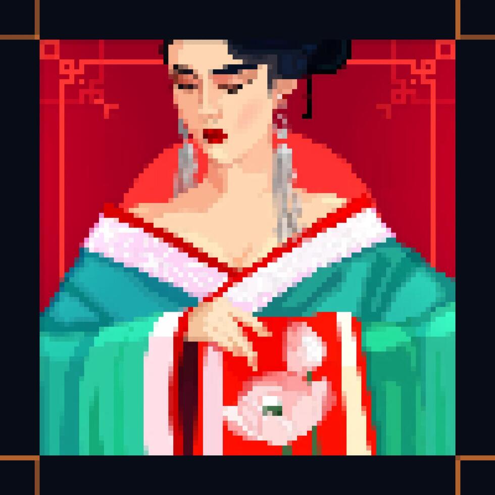 Pixelated Portrait of an Elegant Asian Woman in Traditional red Attire with peony flowers. Girl in a kimono on a red background instyle Pixel art vector