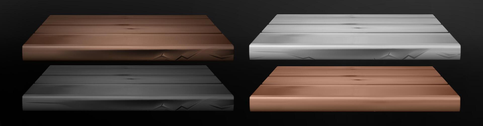 Rustic Wooden Shelves Mockup. Collection of 3d isolated white, black, brown empty wooden shelf for exhibit on dark background vector