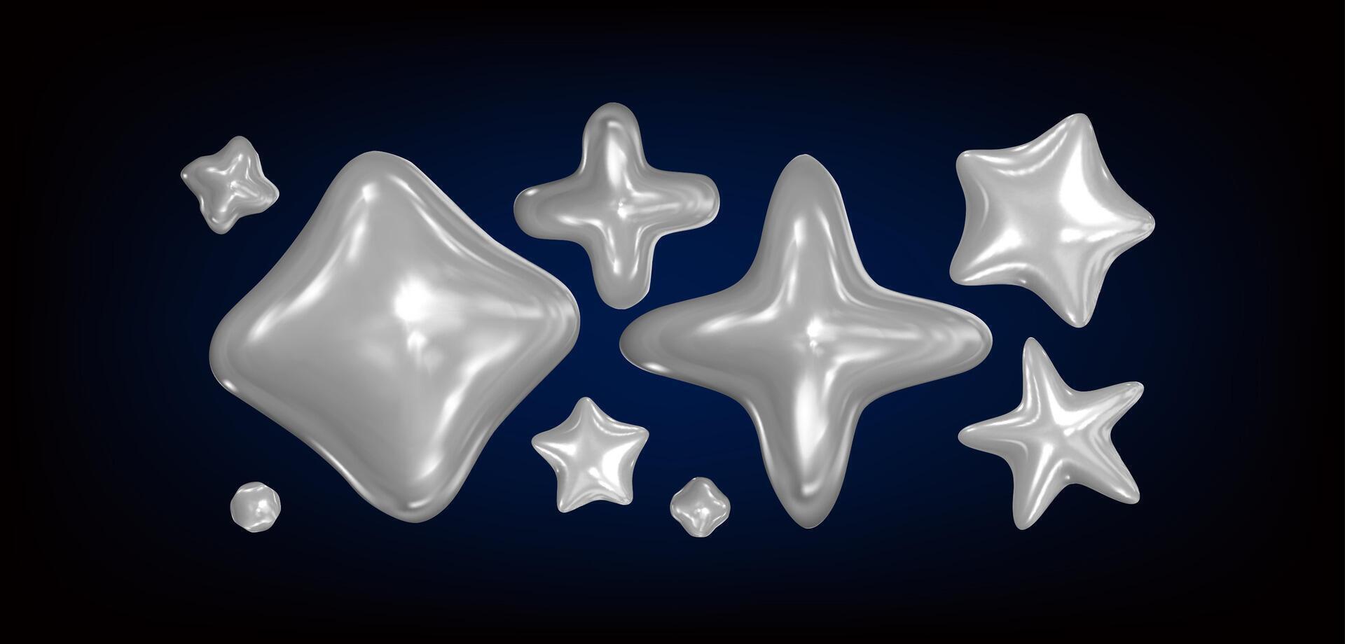 3d chrome set holographic stars . Isolated silver abstract elements in y2k style and 90s design. Metal fluid shapes. Aluminum stars and shapes on a dark background vector